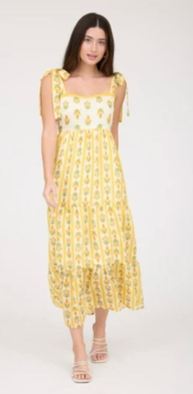 NWT BLU PEPPER Butter Yellow Floral Tie Strap Tiered Maxi Dress Size M